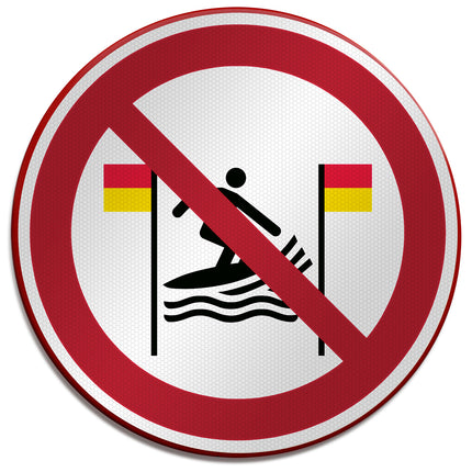 ISO Safety Sign  No surfing between the redandyellow flags