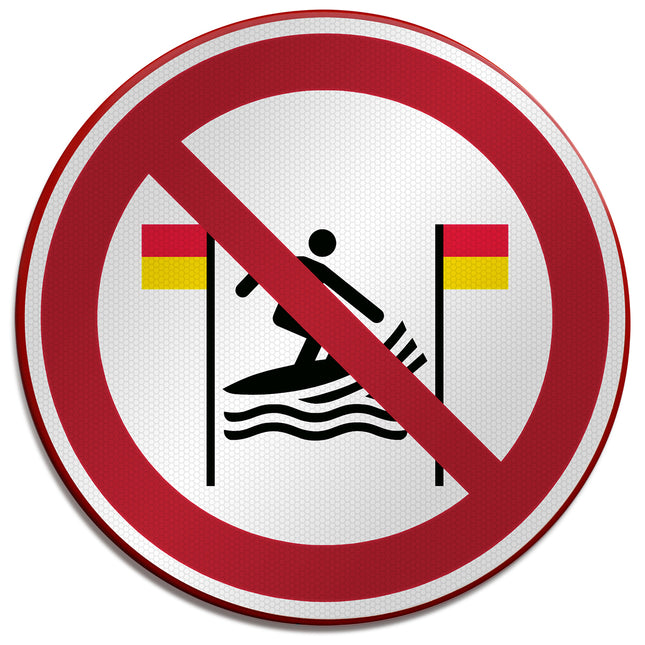ISO Safety Sign  No surfing between the redandyellow flags