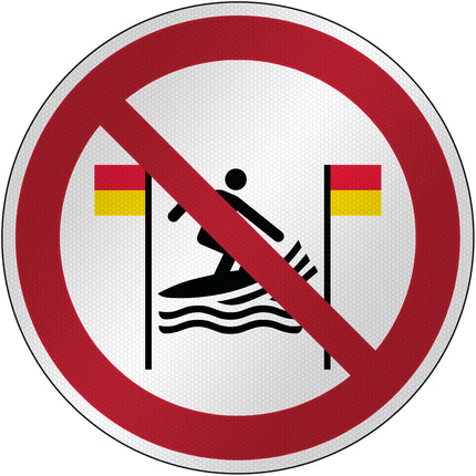 ISO Safety Sign  No surfing between the redandyellow flags