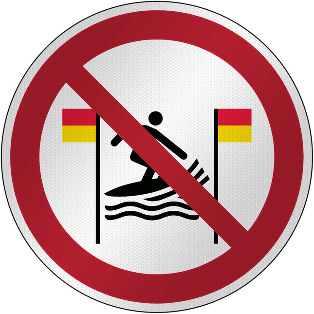 ISO Safety Sign  No surfing between the redandyellow flags