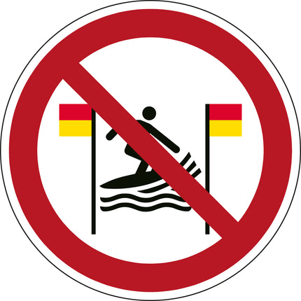 ISO Safety Sign  No surfing between the redandyellow flags
