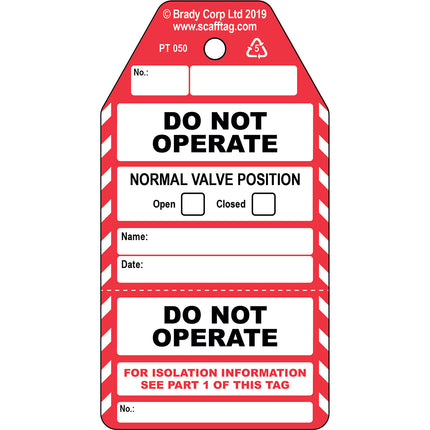 Do Not Operate  2 part Valve tag