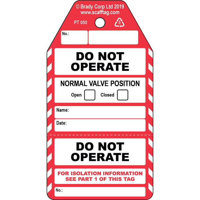 Do Not Operate  2 part Valve tag