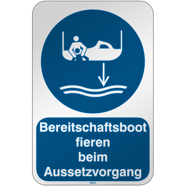 ISO Safety Sign  Lower rescue boat to the water in launch sequence