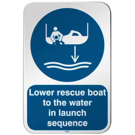 ISO Safety Sign  Lower rescue boat to the water in launch sequence
