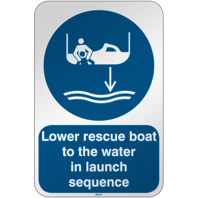 ISO Safety Sign  Lower rescue boat to the water in launch sequence