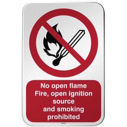 ISO Safety Sign  No open flame Fire open ignition source and smoking prohibited