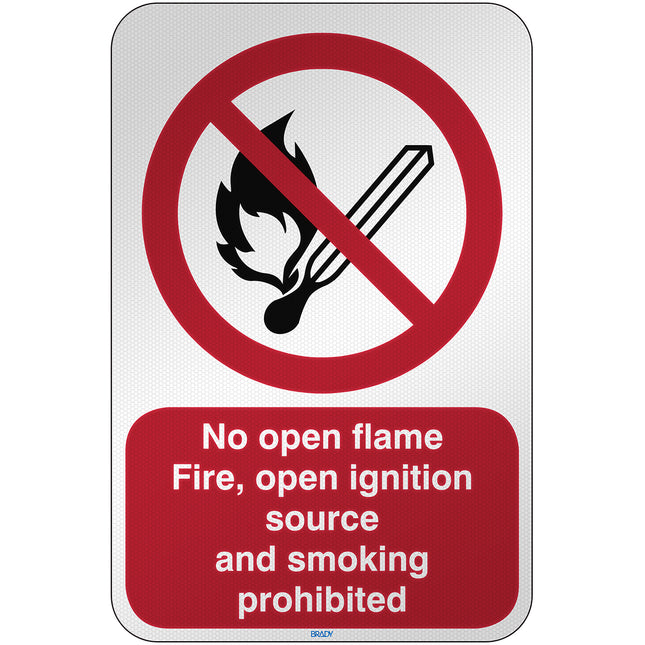 ISO Safety Sign  No open flame Fire open ignition source and smoking prohibited