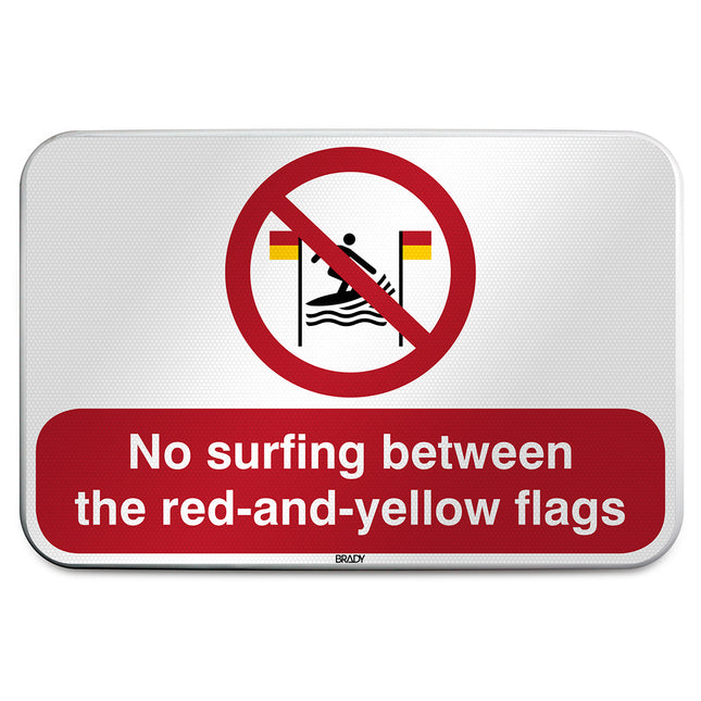 ISO Safety Sign  No surfing between the redandyellow flags