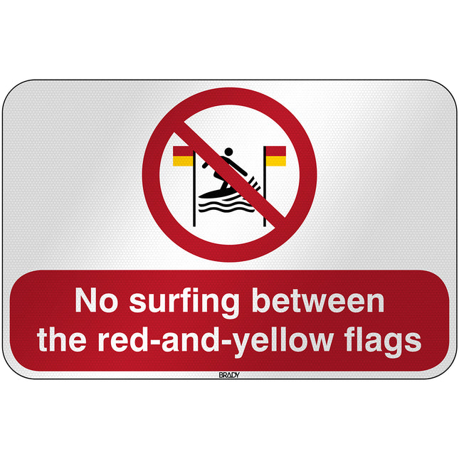 ISO Safety Sign  No surfing between the redandyellow flags