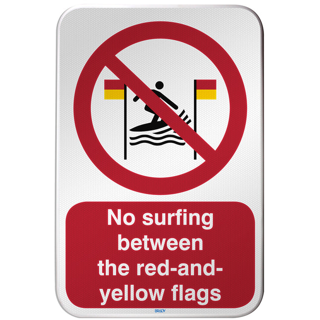 ISO Safety Sign  No surfing between the redandyellow flags
