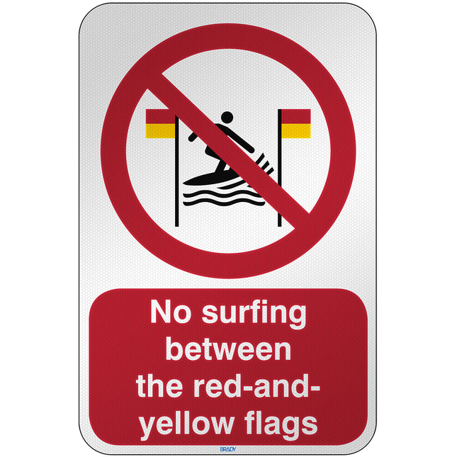 ISO Safety Sign  No surfing between the redandyellow flags