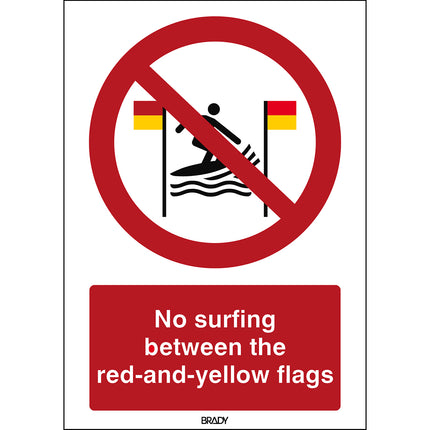 ISO Safety Sign  No surfing between the redandyellow flags