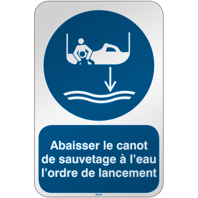 ISO Safety Sign  Lower rescue boat to the water in launch sequence
