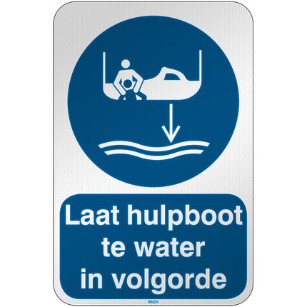 ISO Safety Sign  Lower rescue boat to the water in launch sequence
