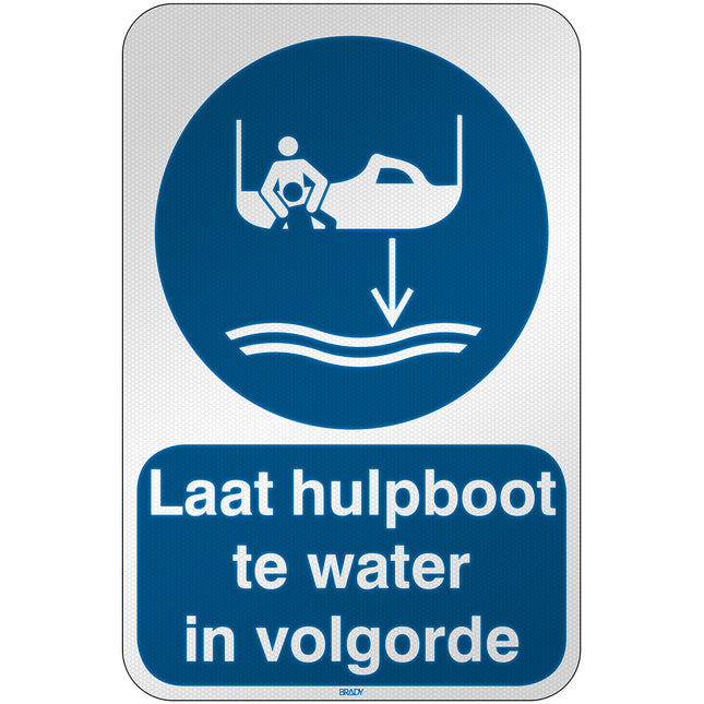 ISO Safety Sign  Lower rescue boat to the water in launch sequence