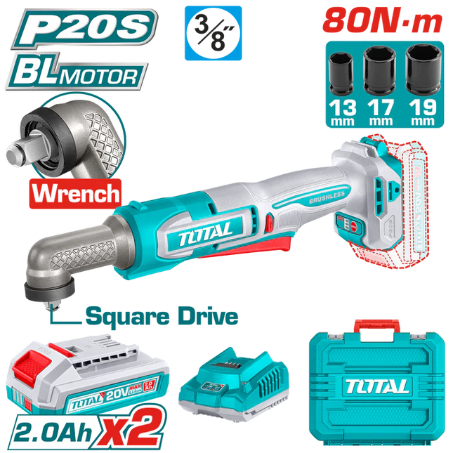 Total Tools Cordless Angle Impact Wrench 20V 80Nm with Batteries