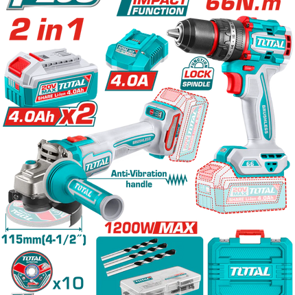 Total Tools 20V Cordless Combo Kit Impact Drill Angle Grinder