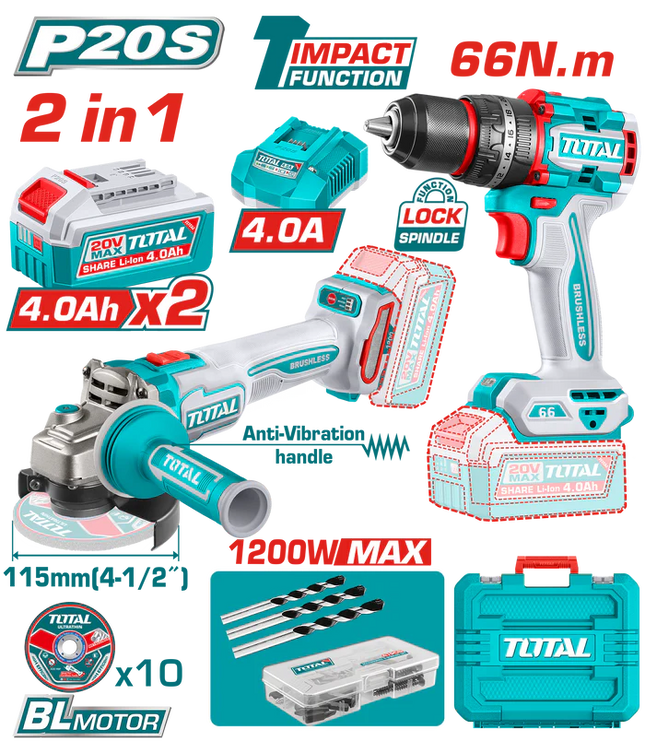 Total Tools 20V Cordless Combo Kit Impact Drill Angle Grinder