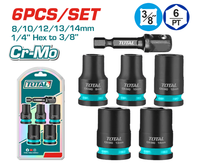 Total Tools 3/8 Inch Impact Socket Set 6 Pieces with Adapter