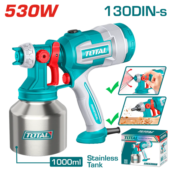Total Tools Electric Paint Spray Gun 530W Stainless Container 1000ml