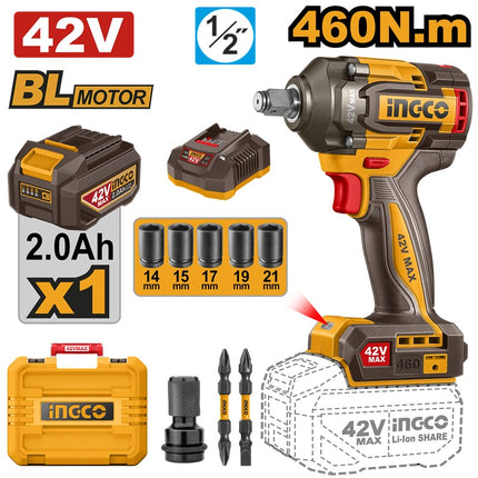 CIWLI42461INGCOمفك براغي تأثير INGCO 42V بدون فرش 460NM مع بطارية 2.0AH