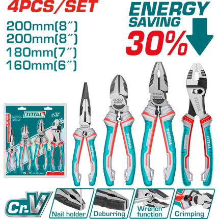 THT2K0488Total Toolsمجموعة كماشات TOTAL 4 قطع فولاذ Cr-V متعددة الوظائف مع مقبض TRP