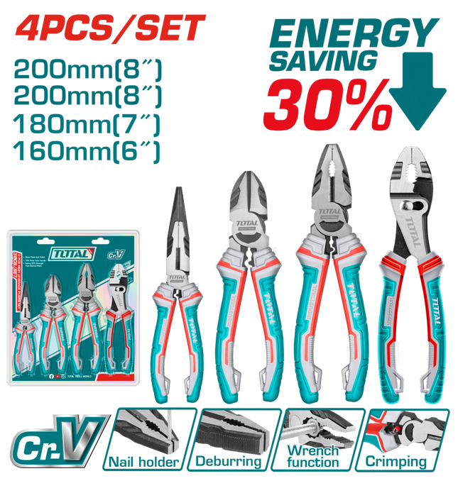 THT2K0488Total Toolsمجموعة كماشات TOTAL 4 قطع فولاذ Cr-V متعددة الوظائف مع مقبض TRP