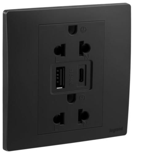 281204MBLegrandملياسينسس 1 مجموعة مقبس يورو/أمريكي مع شواحن USB أسود مات