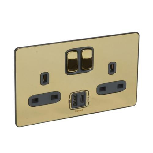 832479Legrandسينرجي سليك - مقبس كهربائي 2 فتحة مع شاحن USB ذهبي لامع