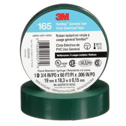 000763089257103Mشريط 3M Temflex العازل الكهربائي الأخضر 165 بحجم 3/4 بوصة