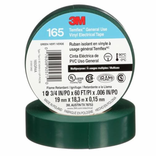 000763089257103Mشريط 3M Temflex العازل الكهربائي الأخضر 165 بحجم 3/4 بوصة