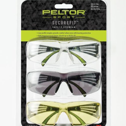 V1013244823Mنظارات Peltor Sport SecureFit 400 الواقية، حزمة 3 عدسات شفافة وكهرمانية ورمادية