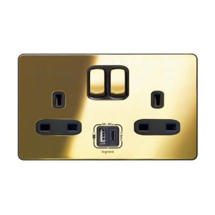 832479Legrandسينرجي سليك مقبس ثنائي الوحدة مع مفتاح 13 أمبير وشاحن USB ذهبي لامع