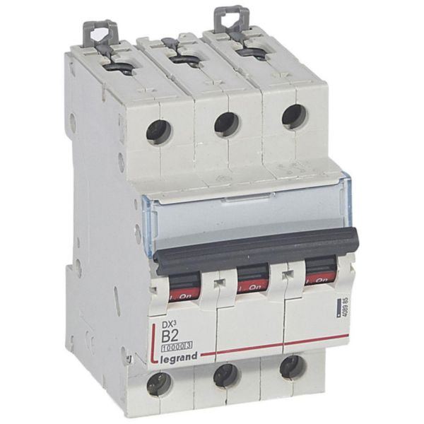408985Legrandقاطع دائرة Legrand MCB DX3 بسعة 10000A ثلاثي الأقطاب 2A منحنى B