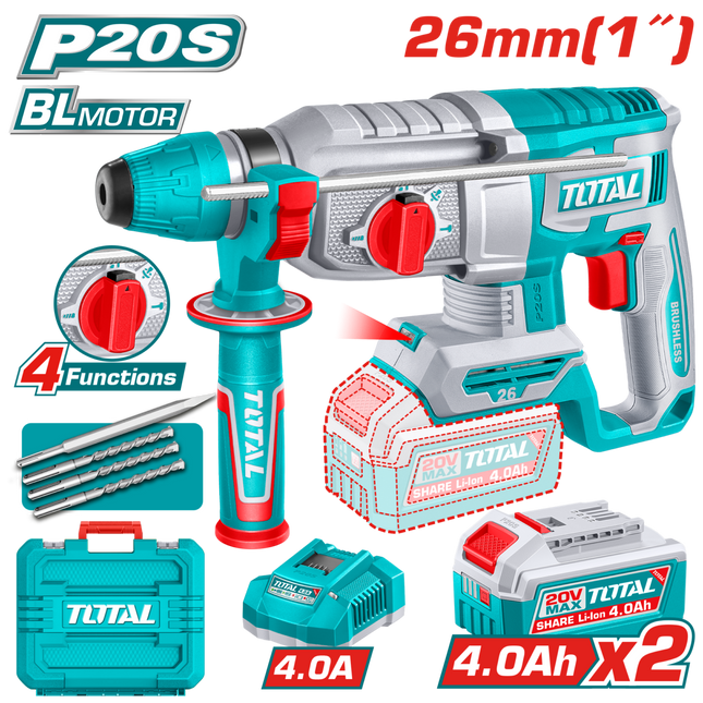 TRHLI262085Total Toolsمطرقة دوارة لاسلكية TOTAL 20V SDS Plus بدون فرش 2.5J