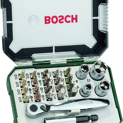 Bosch 26 Piece Screwdriver Bit and Ratchet Set (PH, PZ, Hex, T, S-Bits) , 2607017322