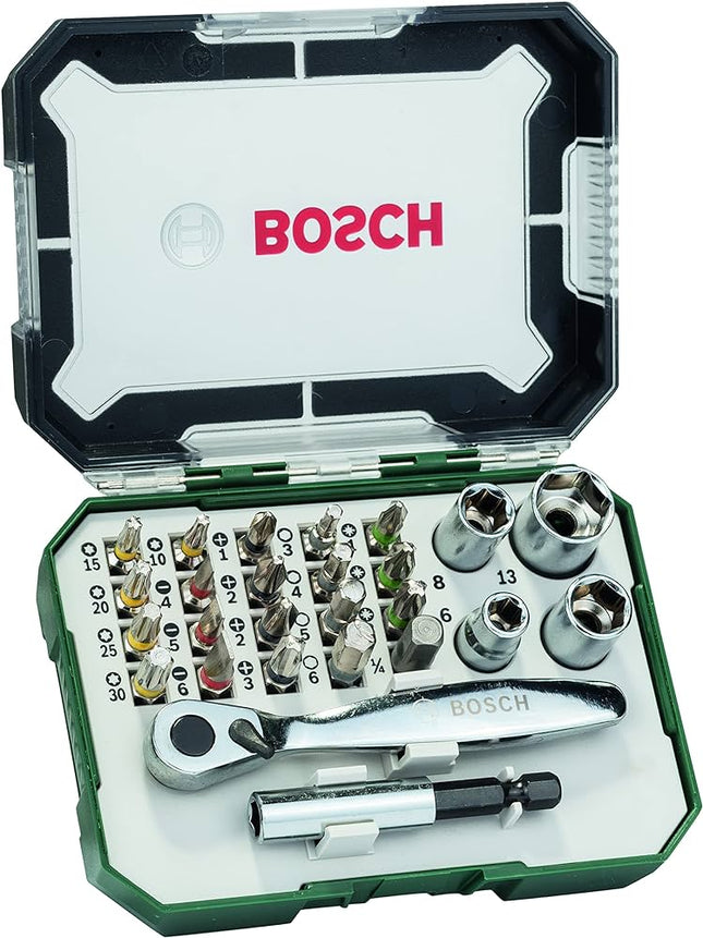 Bosch 26 Piece Screwdriver Bit and Ratchet Set (PH, PZ, Hex, T, S-Bits) , 2607017322