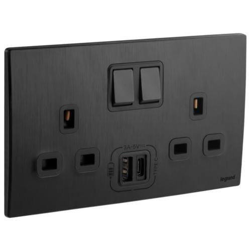 281136BBLegrandمأخذ ملاليا سينسز ثنائي بريطاني معياري USB 13A أسود مصقول