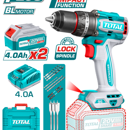 TIDLI20968Total Toolsدريل شحن بدون فحمات 96 نيوتن