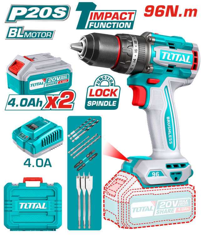 TIDLI20968Total Toolsدريل شحن بدون فحمات 96 نيوتن