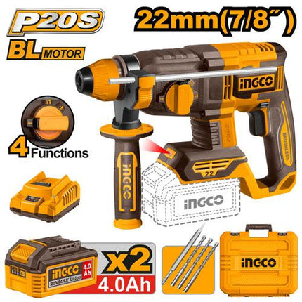 CRHLI212282INGCOمطرقة دوارة بلا سلك INGCO CRHLI212282 بقوة 20 فولت بمحرك بدون فرش