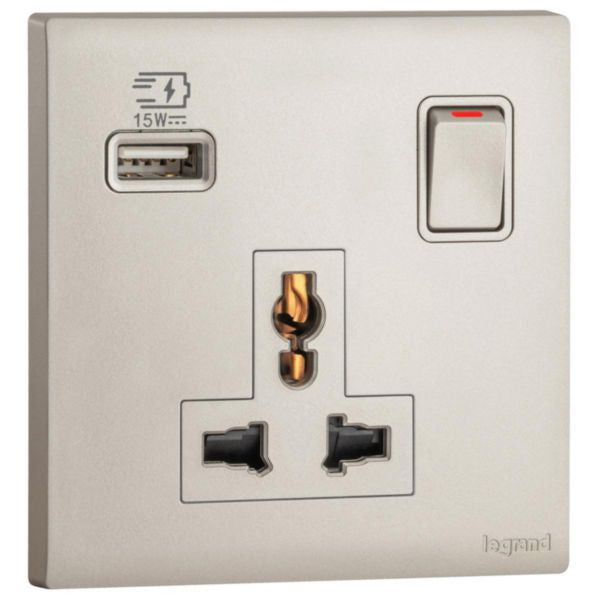 MEC33081CHLegrandObria مقبس متعدد المعايير أحادي 16A مع USB Type A 15W لون شمبانيا