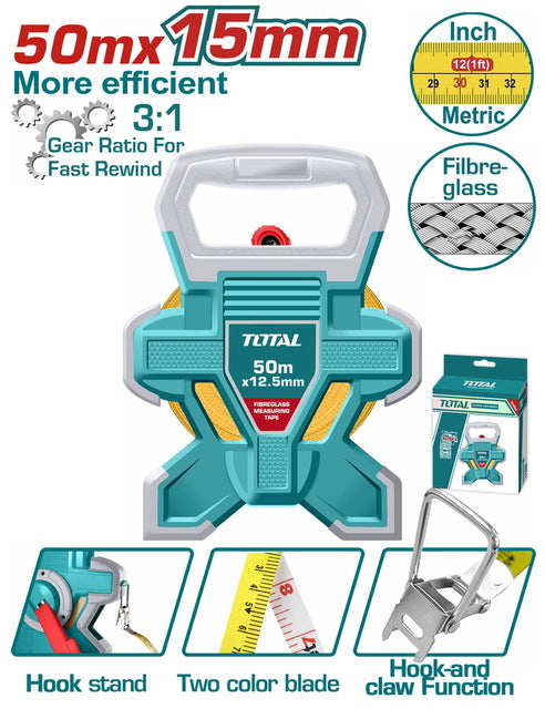 TMTF18506Total Toolsشريط قياس فيبرجلاس توتال 50 متر x 15 ملم احترافي