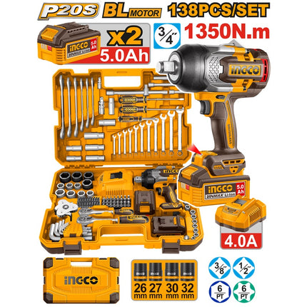 HKTHP41383INGCOمجموعة أدوات INGCO 20V 3/4 بوصة مفك براغي صدمة 1350NM 138 قطعة