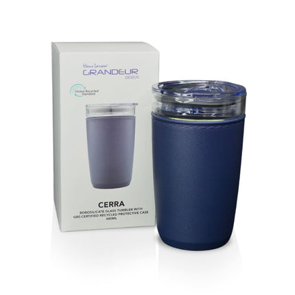 DWHL 3159Toolmart GiftsCERRA - Hans Larsen Premium Glass Tumbler with Recycled Protective Sleeve - Blue