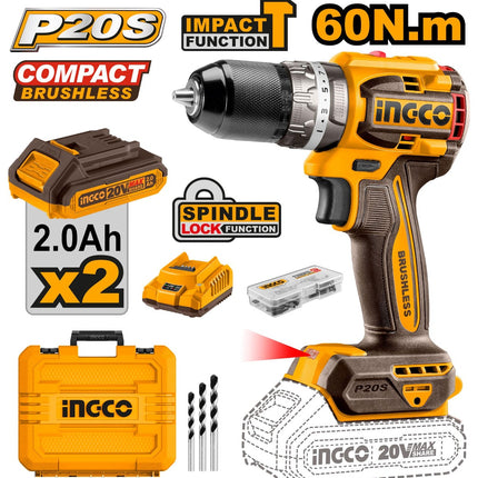 Ingco Compact Brushless Cordless Impact Drill 20V 60Nm Max Torque , CIDLI20602