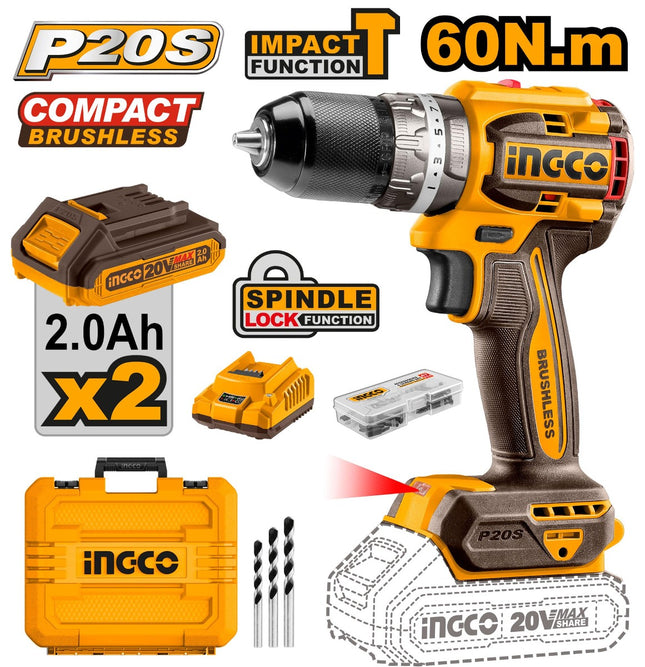 Ingco Compact Brushless Cordless Impact Drill 20V 60Nm Max Torque , CIDLI20602