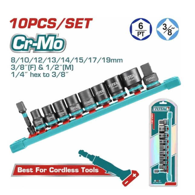 THKISD38106LTotal Toolsمجموعة مقابس التأثير TOTAL 10 قطع 3/8 بوصة 8-19 ملم CR-MO