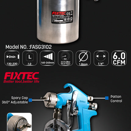 FASG3102Fixtecمسدس الرش الهوائي FIXTEC 1.8 ملم FASG3102 رشاش الطلاء الهوائي